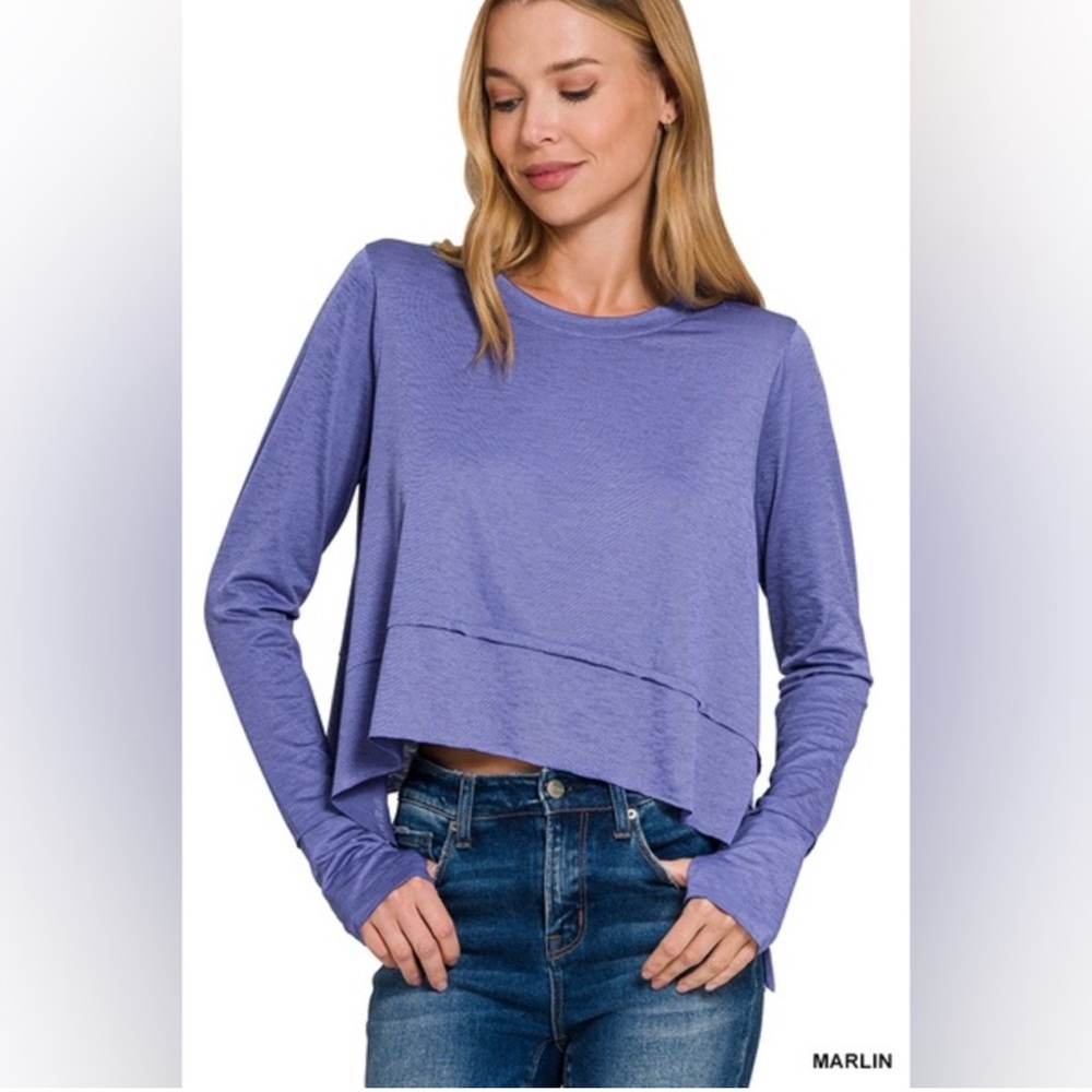 Zenana Long Sleeve Top - Blue cropped